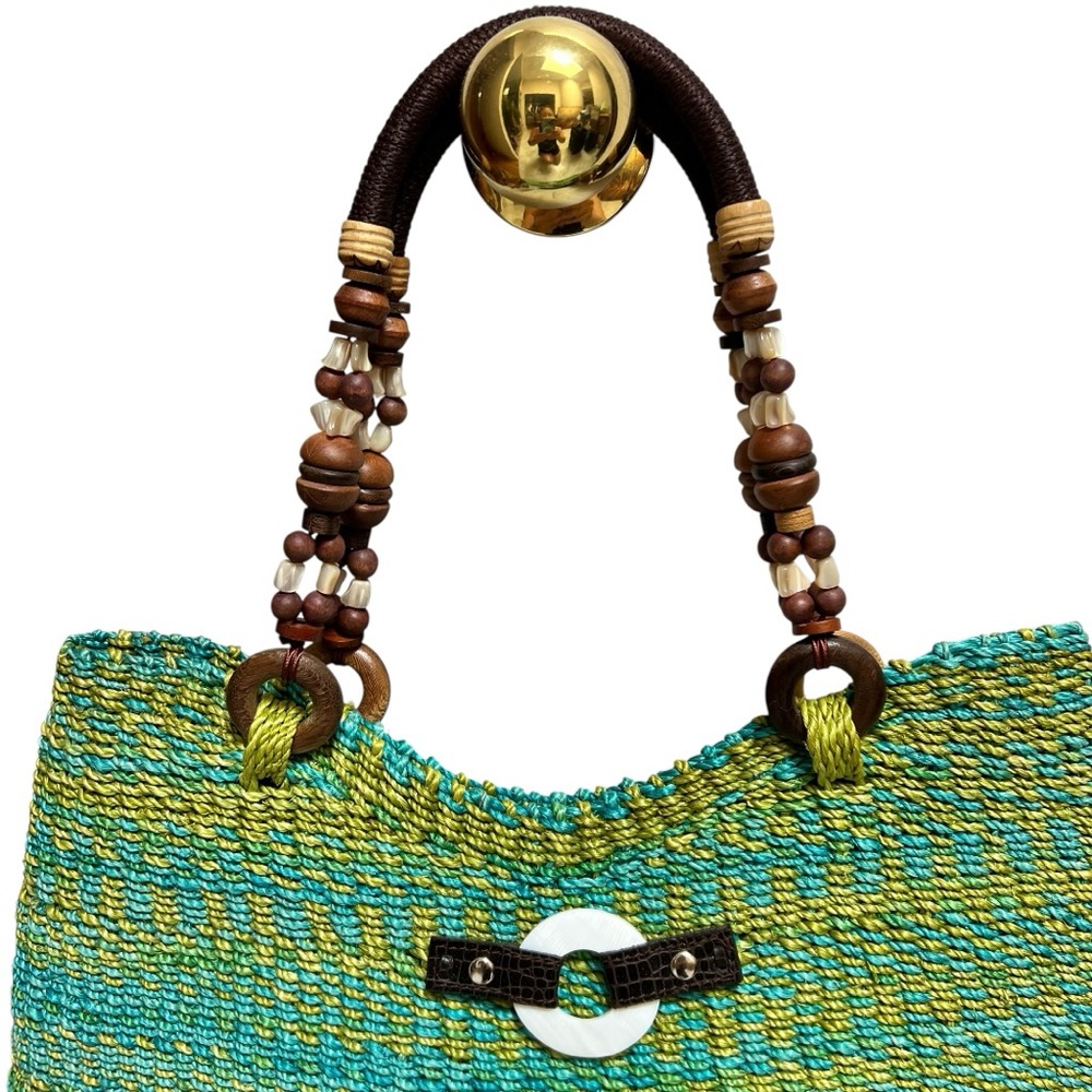 EMMA ROSE Woven Raffia Straw Green Shoulder Strap Bag Tote Beach Resort Artsy - Picture 4 of 16